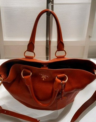 Prada Vitello Daino Shopping 2 Way Leather Handbag Large Size Rame Colour .