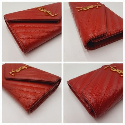YSL Saint Laurent Cassandra Quilted Caviar Leather Long Wallet Red .