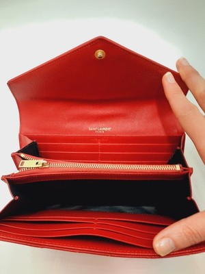 YSL Saint Laurent Cassandra Quilted Caviar Leather Long Wallet Red .
