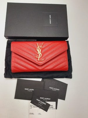 YSL Saint Laurent Cassandra Quilted Caviar Leather Long Wallet Red .