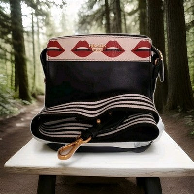 Prada Esplanade Lip Print Mini Black Crossbody Leather Shoulder Handbag. 