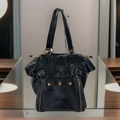 YSL Saint Laurent Downtown Large Size Tote Handbag Patent Leather Black .