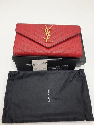 YSL Saint Laurent Cassandra Quilted Caviar Leather Long Wallet Red .