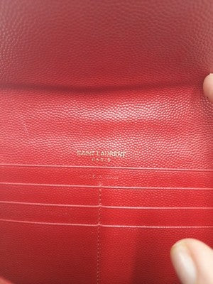 YSL Saint Laurent Cassandra Quilted Caviar Leather Long Wallet Red .