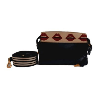 Prada Esplanade Lip Print Mini Black Crossbody Leather Shoulder Handbag. 