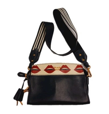 Prada Esplanade Lip Print Mini Black Crossbody Leather Shoulder Handbag. 