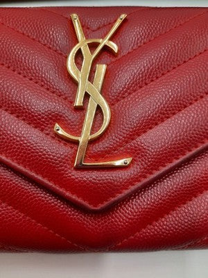 YSL Saint Laurent Cassandra Quilted Caviar Leather Long Wallet Red .