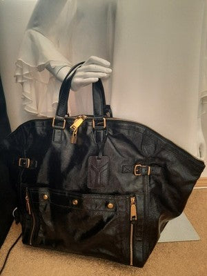 YSL Saint Laurent Downtown Extra Large Size Tote Handbag Patent Leather Black .