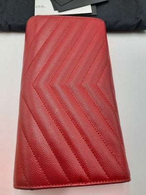 YSL Saint Laurent Cassandra Quilted Caviar Leather Long Wallet Red .