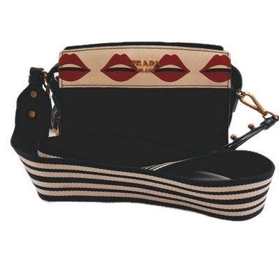 Prada Esplanade Lip Print Mini Black Crossbody Leather Shoulder Handbag. 