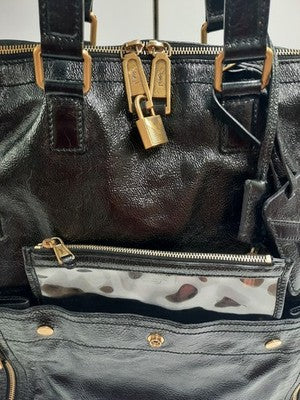 YSL Saint Laurent Downtown Extra Large Size Tote Handbag Patent Leather Black .