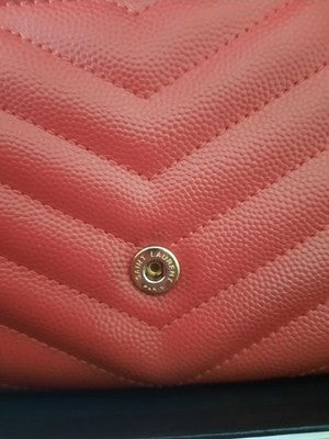 YSL Saint Laurent Cassandra Quilted Caviar Leather Long Wallet Red .