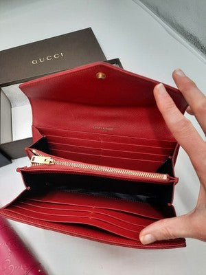 YSL Saint Laurent Cassandra Quilted Caviar Leather Long Wallet Red .