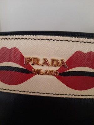Prada Esplanade Lip Print Mini Black Crossbody Leather Shoulder Handbag. 