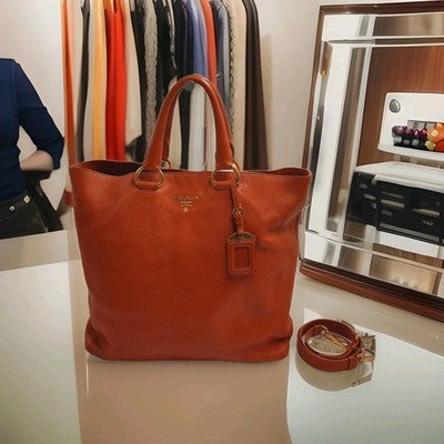 Prada Vitello Daino Shopping 2 Way Leather Handbag Large Size Rame Colour .