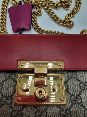 Gucci Supreme Padlock 2way Chain Strap Handbag Shoulder Bag PVC Leather Pink Red