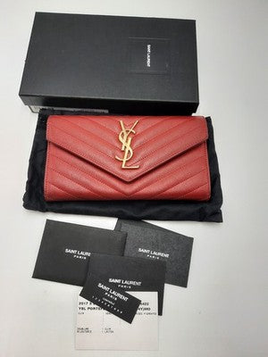 YSL Saint Laurent Cassandra Quilted Caviar Leather Long Wallet Red .