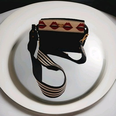Prada Esplanade Lip Print Mini Black Crossbody Leather Shoulder Handbag. 