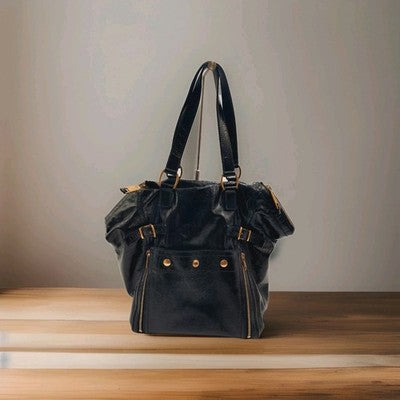 YSL Saint Laurent Downtown Large Size Tote Handbag Patent Leather Black .