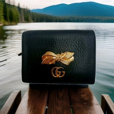 Gucci GG Marmont Ribbon Small Wallet Leather Closure Button Black Colour. 