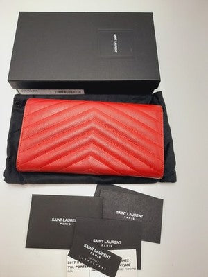 YSL Saint Laurent Cassandra Quilted Caviar Leather Long Wallet Red .