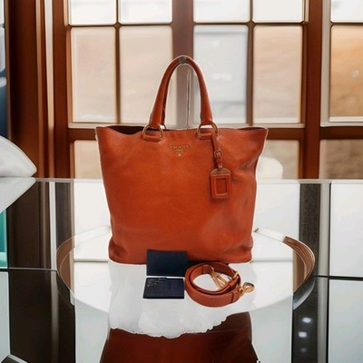 Prada Vitello Daino Shopping 2 Way Leather Handbag Large Size Rame Colour .