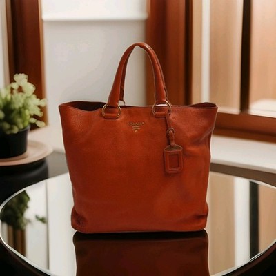 Prada Vitello Daino Shopping 2 Way Leather Handbag Large Size Rame Colour .