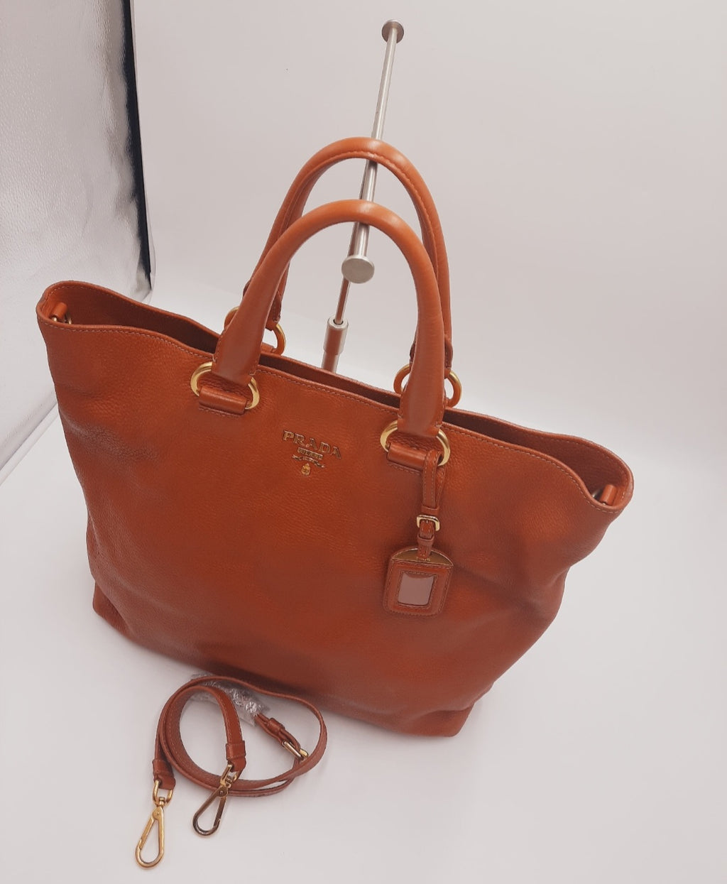 Prada Vitello Daino Shopping 2 Way Leather Handbag Large Size Rame Colour .